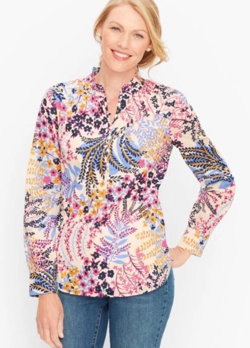 Talbots Womens XS White Mulit Garden Floral Ruffle Neck Popover Long Slv Blouse